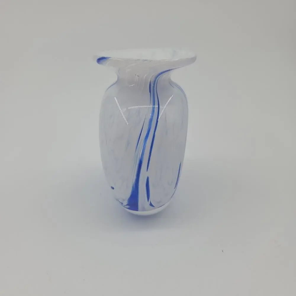 Ron Hinkle Signed Art Glass Bud Vase Blue White Swirl Hand Blown Studio Paperwei